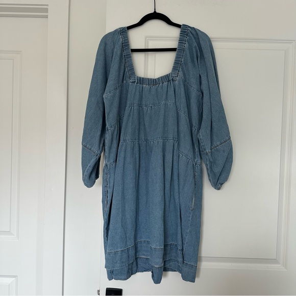 Free People (XL) Lou Jean Babydoll Dress- Tiered Denim Long Sleeve Mini Dress - Picture 6 of 8
